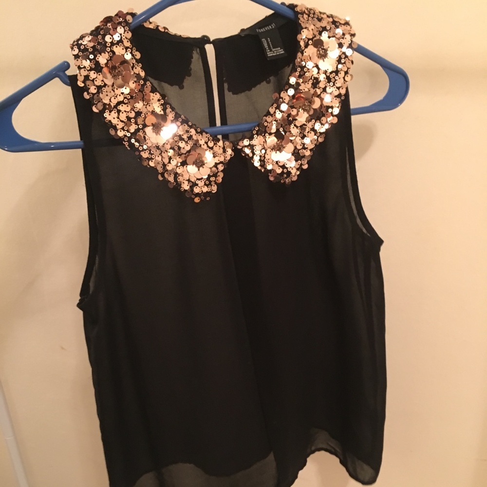 Sheer Black Blouse Tank with Embellished Collar